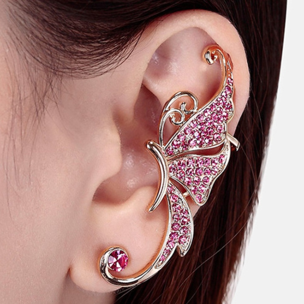 🌺 Rhinestone Butterfly Ear Cuff - Pink 🌺